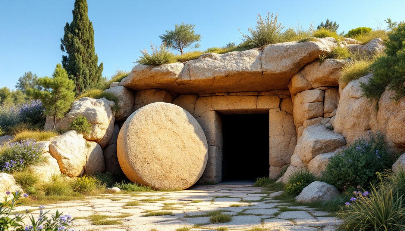 Ancient rock-cut tomb with large round stone rolled aside in a garden setting, representing the resurrection of Jesus Christ