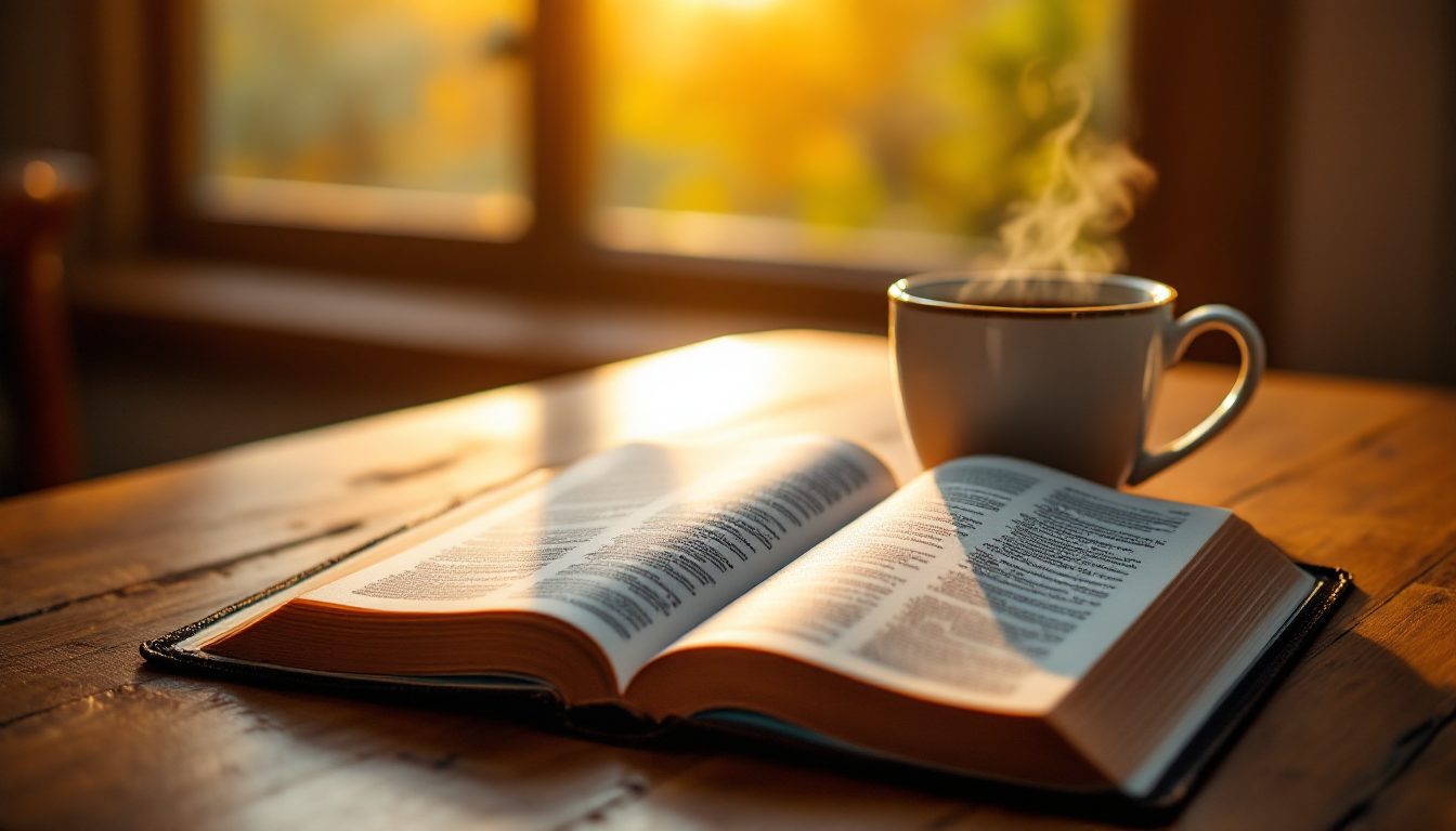 Open Bible with steaming coffee on wooden table in morning sunlight - daily devotional