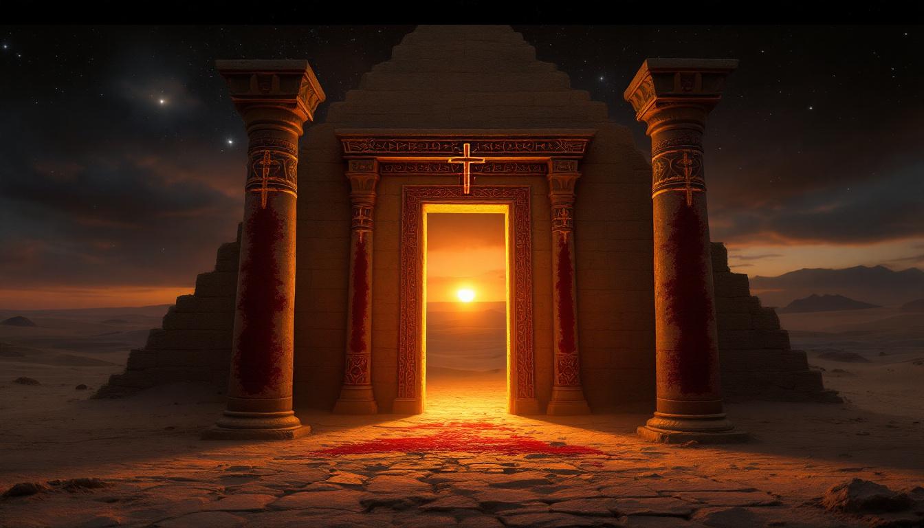 Ancient Egyptian doorway with lamb's blood on the doorposts forming the shape of a cross, golden light inside