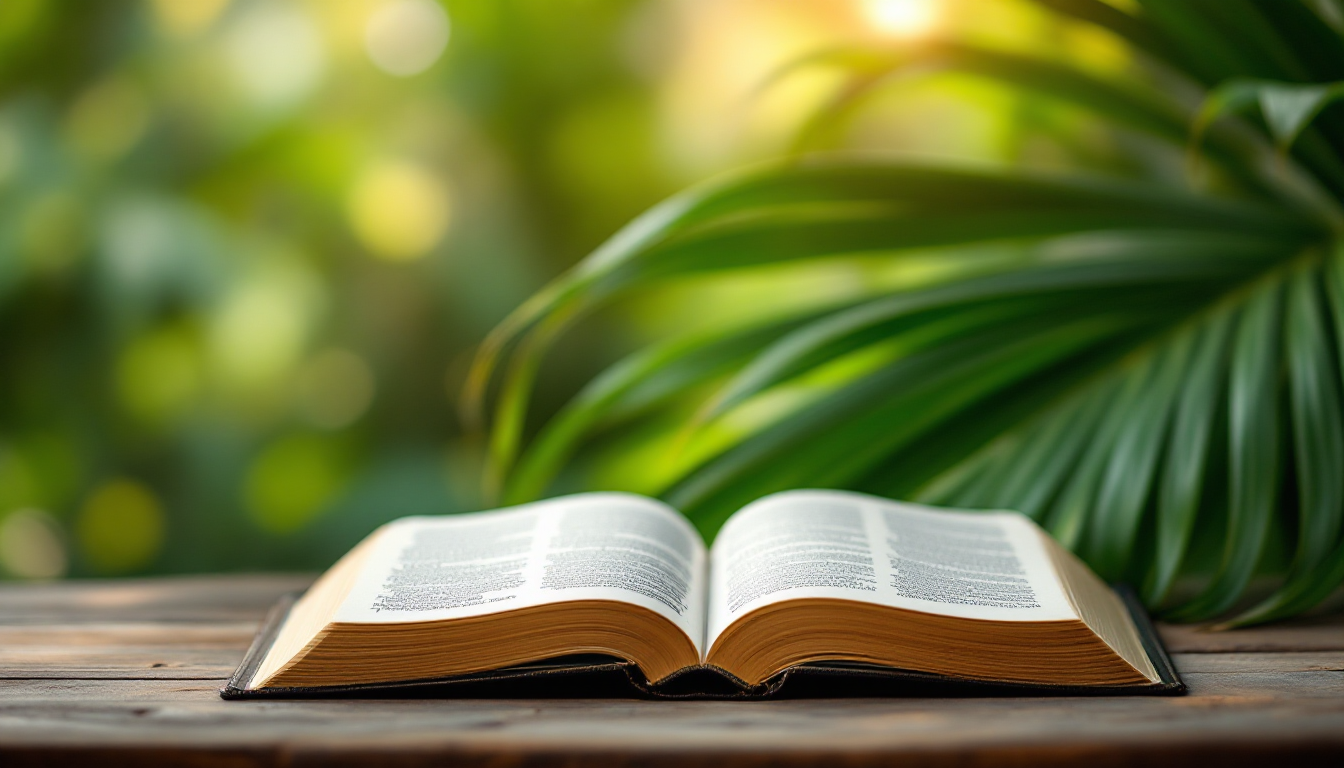 Open Bible on wooden table with palm branches - Palm Sunday devotional