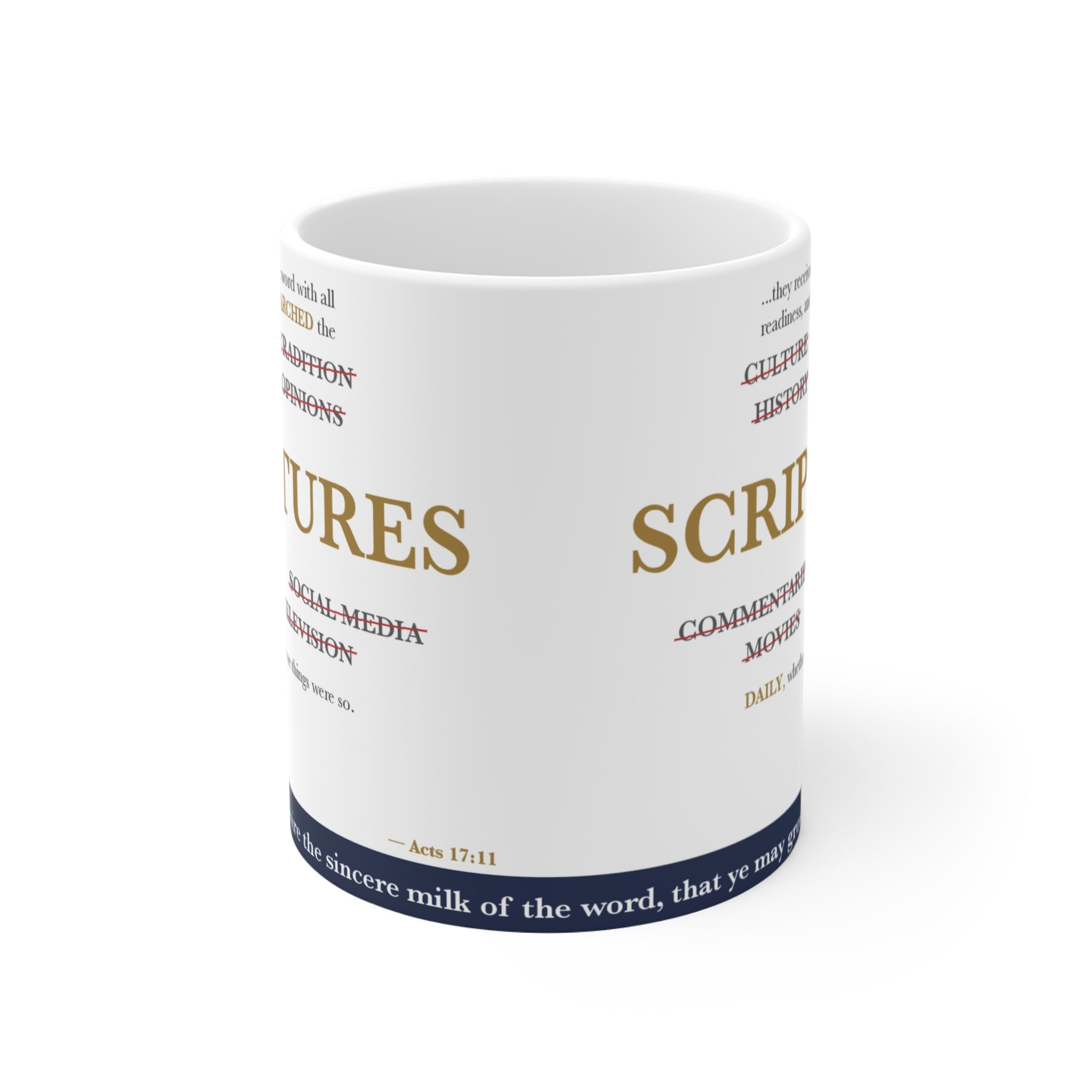 Searched the SCRIPTURES Daily — Acts 17:11 Scripture Mug (Crossed-Out Words)