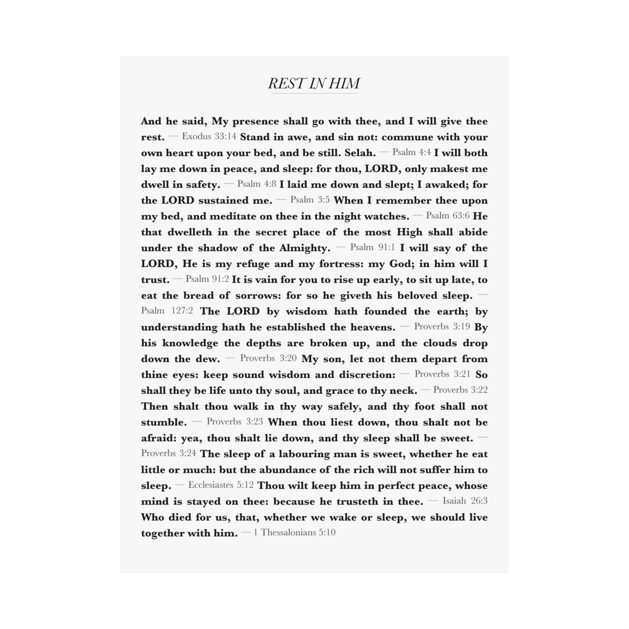 Rest In Him 17 Bible verses about rest and sleep wall poster print - ALIVE With Jesus Christian wall art - detail view