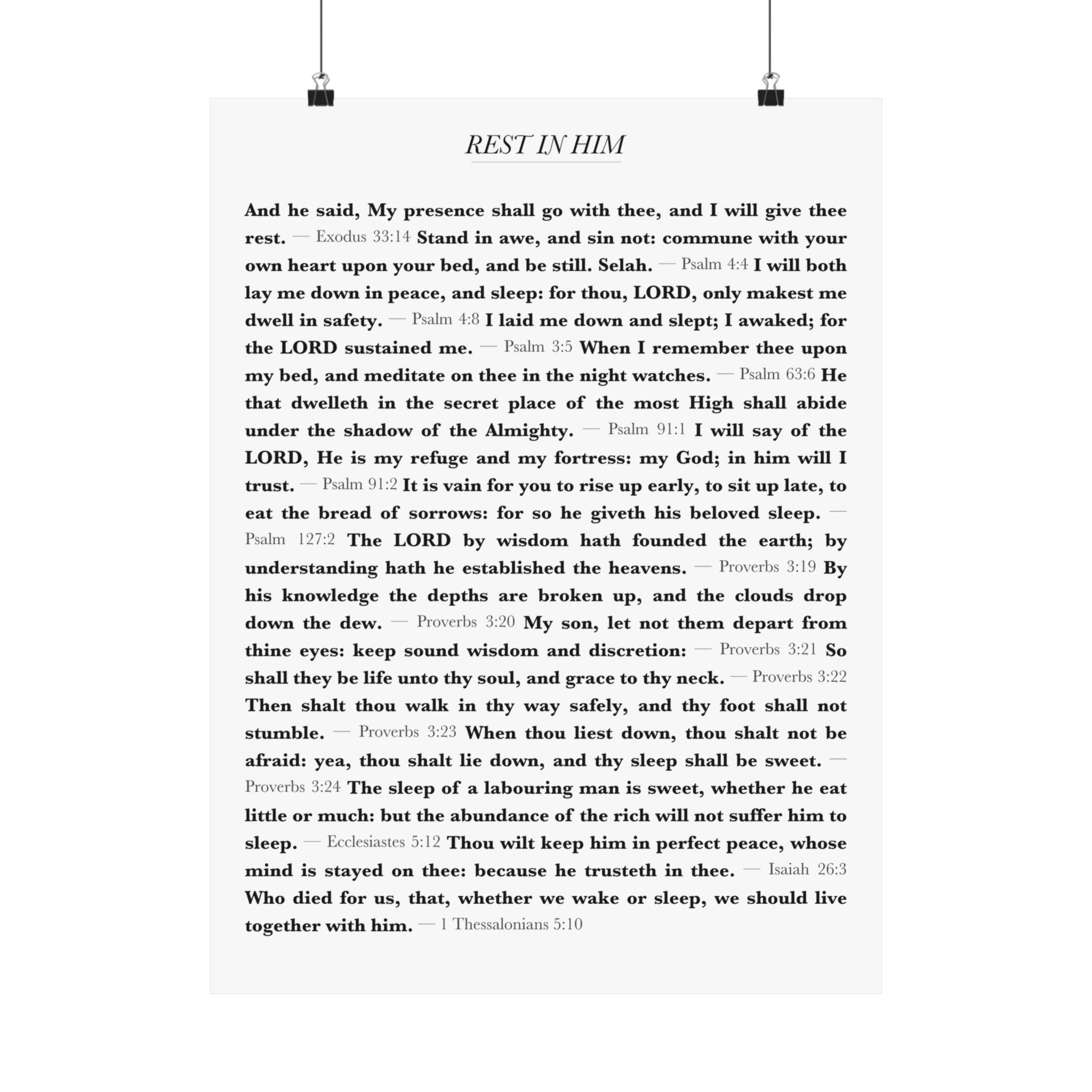 Rest In Him 17 Bible verses about rest and sleep wall poster print - ALIVE With Jesus Christian wall art - front view