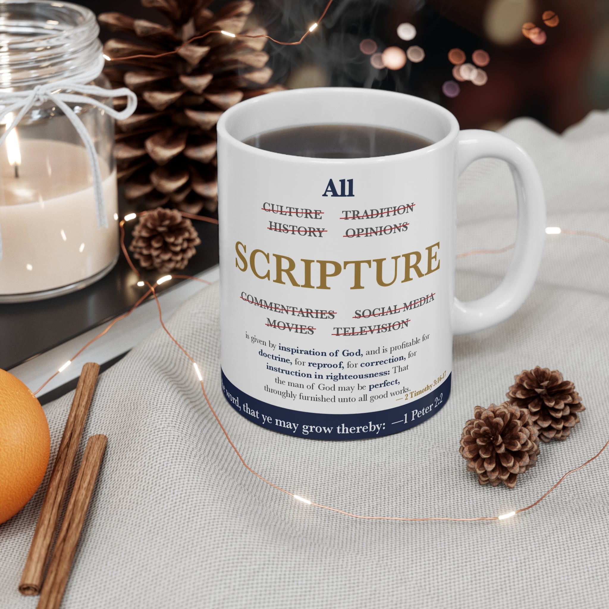 All SCRIPTURE — 2 Timothy 3:16-17 Scripture Mug (Crossed-Out Words)