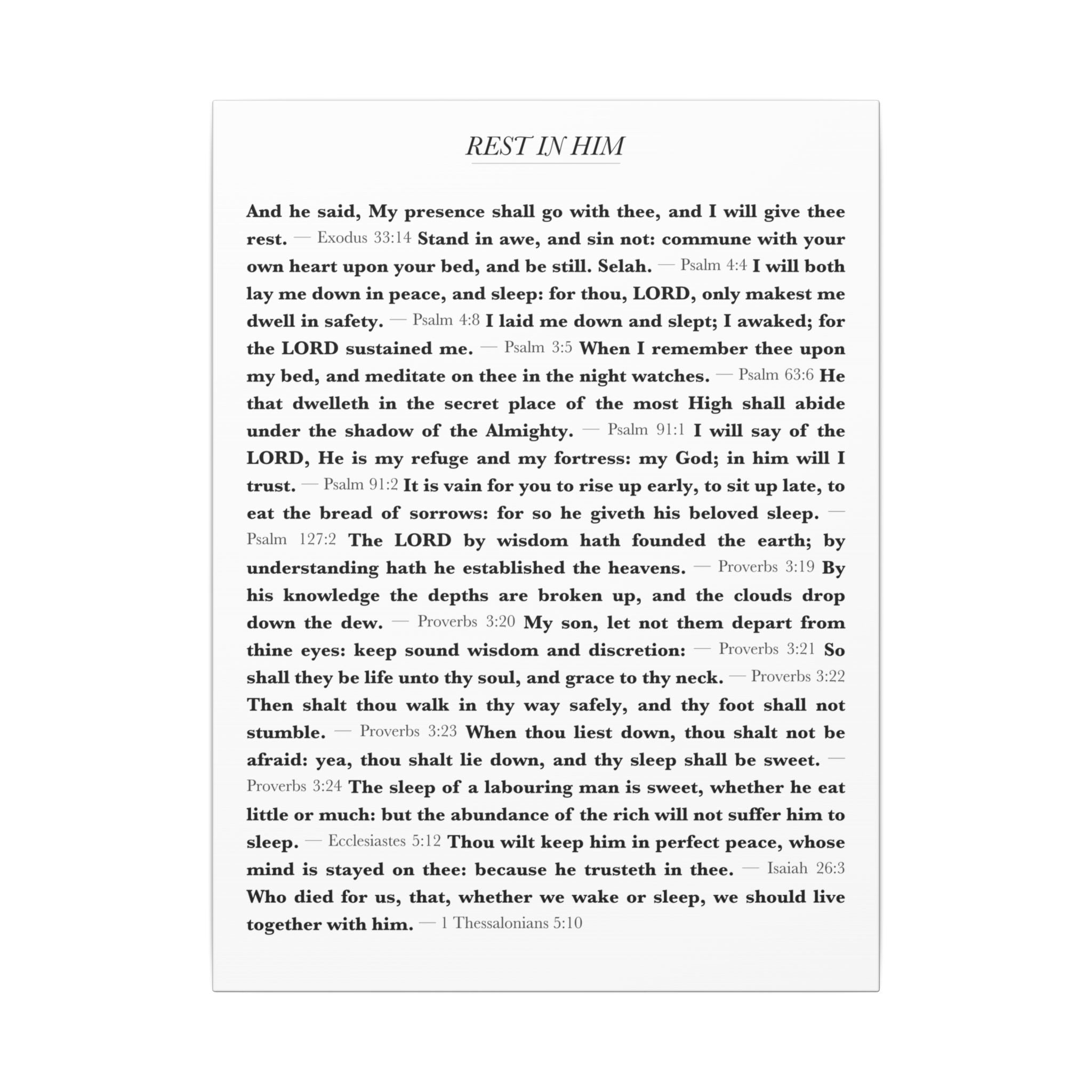 Rest In Him 17 Bible verses about rest and sleep canvas wall art print - ALIVE With Jesus Christian home decor - front view