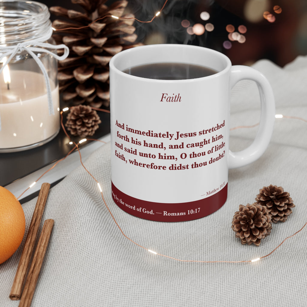 Faith Cometh — Matthew 14:31 Scripture Mug (Deep Garnet) Scripture mug featuring Matthew 14:31 verse in KJV - ALIVE With Jesus Christian gift - view 4