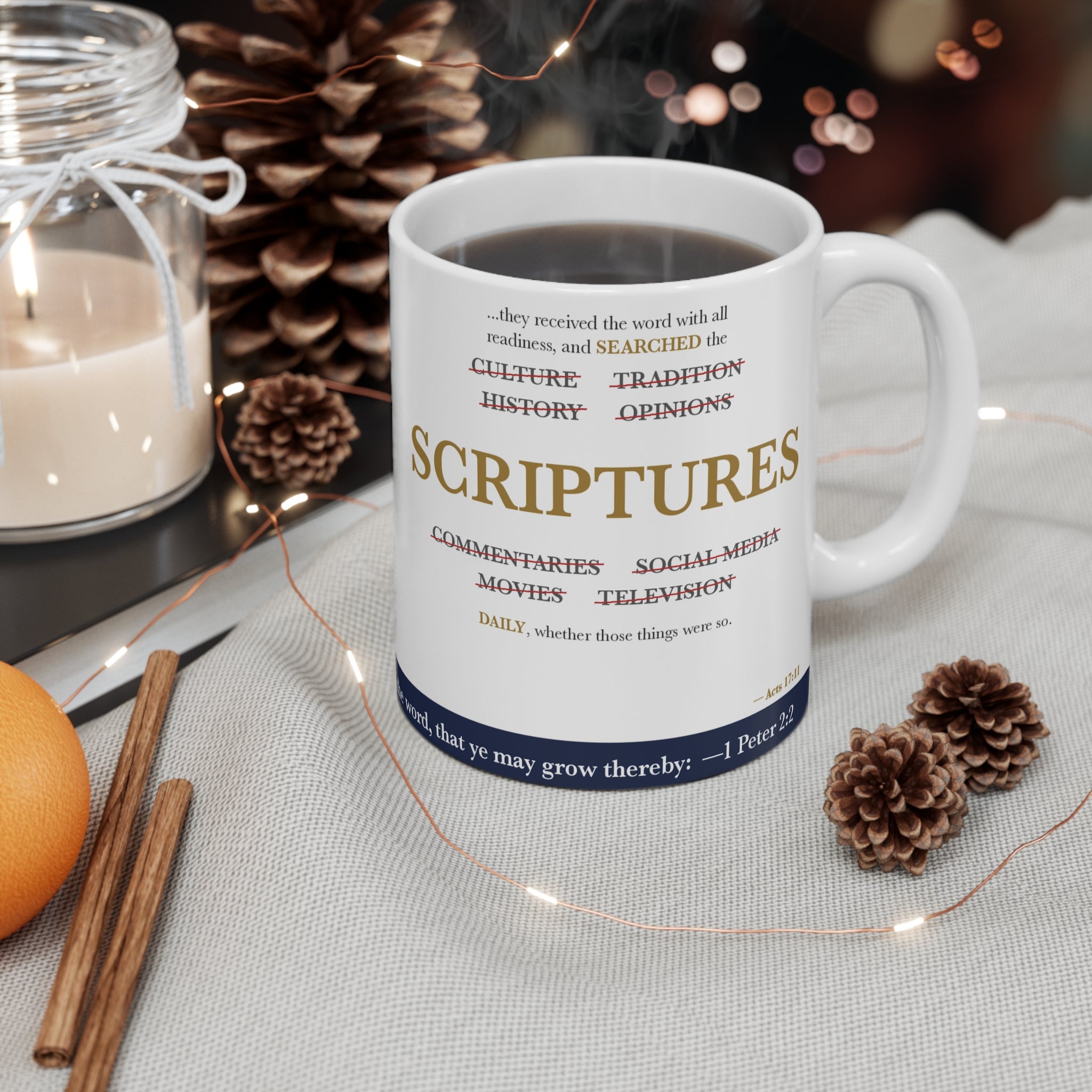 Searched the SCRIPTURES Daily — Acts 17:11 Scripture Mug (Crossed-Out Words)