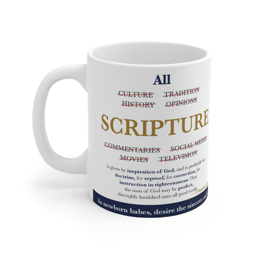 All SCRIPTURE — 2 Timothy 3:16-17 Scripture Mug (Crossed-Out Words)