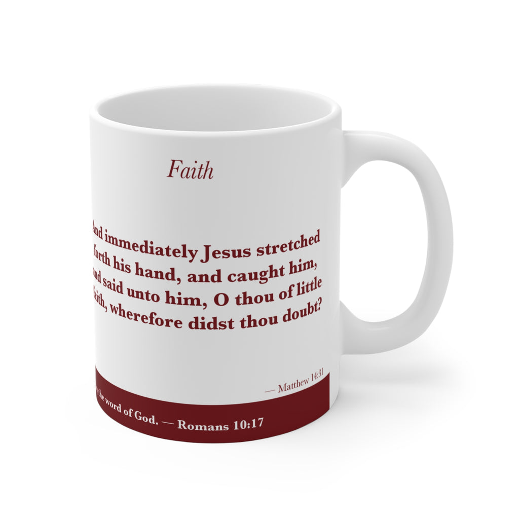 Faith Cometh — Matthew 14:31 Scripture Mug (Deep Garnet) Scripture mug featuring Matthew 14:31 verse in KJV - ALIVE With Jesus Christian gift - lifestyle view