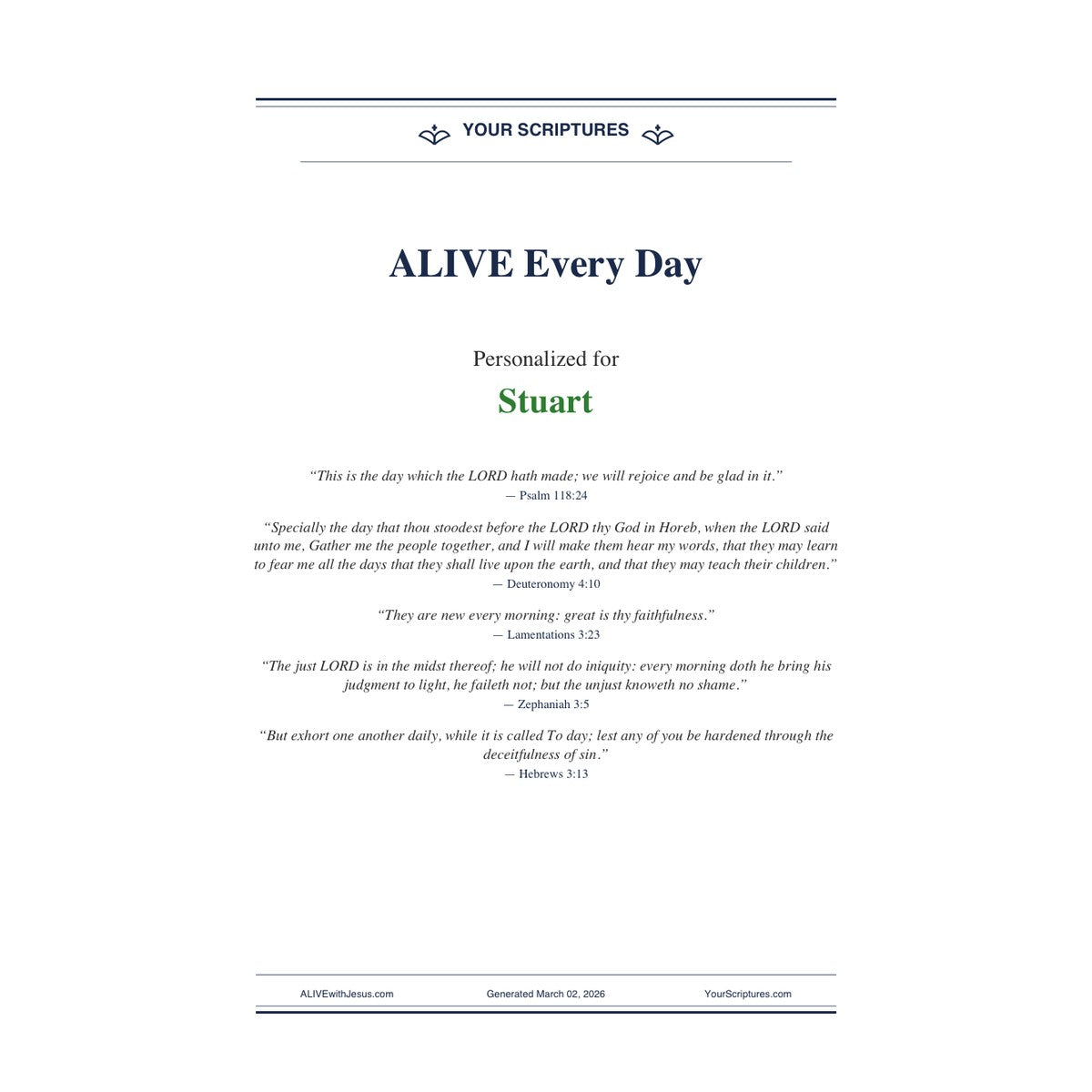 Your Scriptures - ALIVE Every Day - Personalized PDF (showing cover page, 1 of 7 pages)